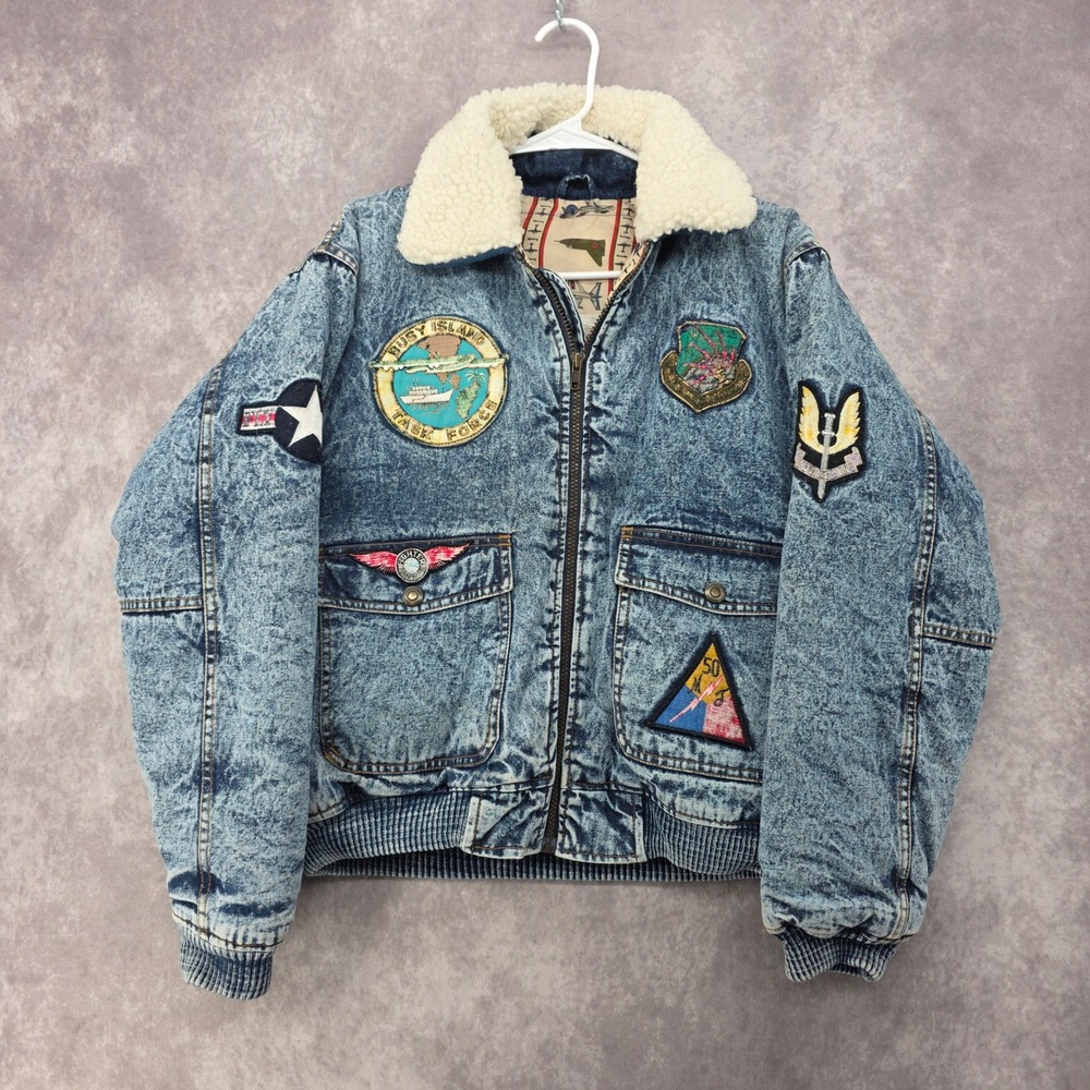 Vintage Bomber Jacket Sherpa Collar Military Patches Acid Wash Denim Down Blue